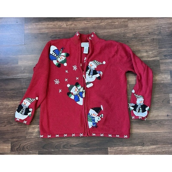 Tiara International Sweater Woman's Size‎ Small Red Full Zip Snow Men Vintage - Picture 1 of 9